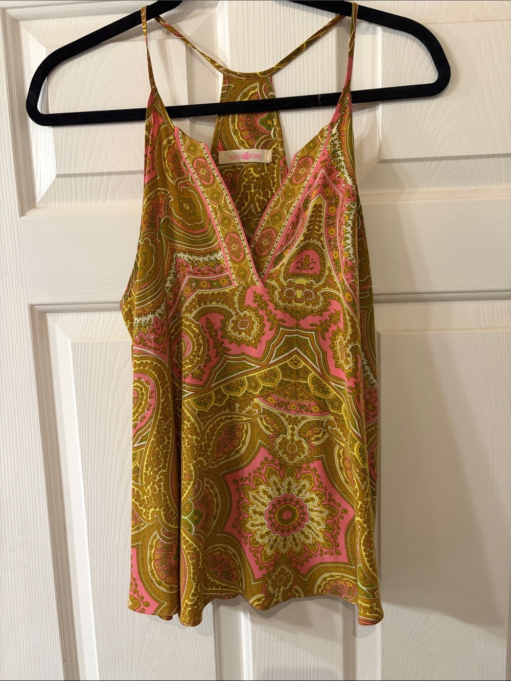 Paisley V-Neck Cami Top in Olive & Pink
